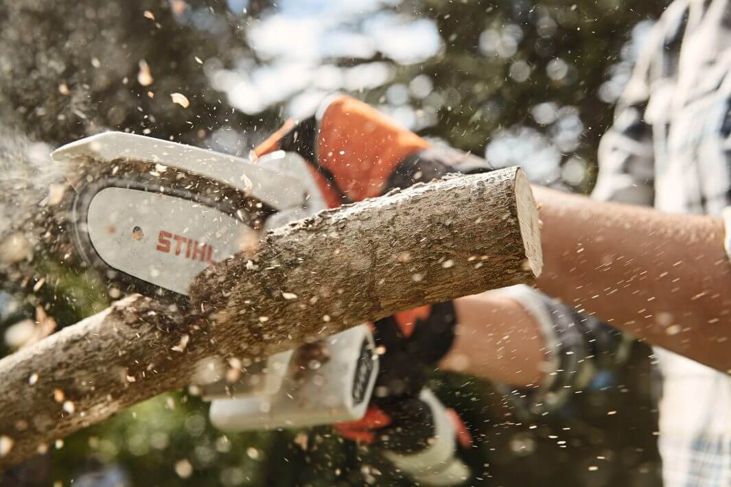 STIHL GTA 26 Akku-Gehölzschneider bei der Bearbeitung eines Astes im Garten.