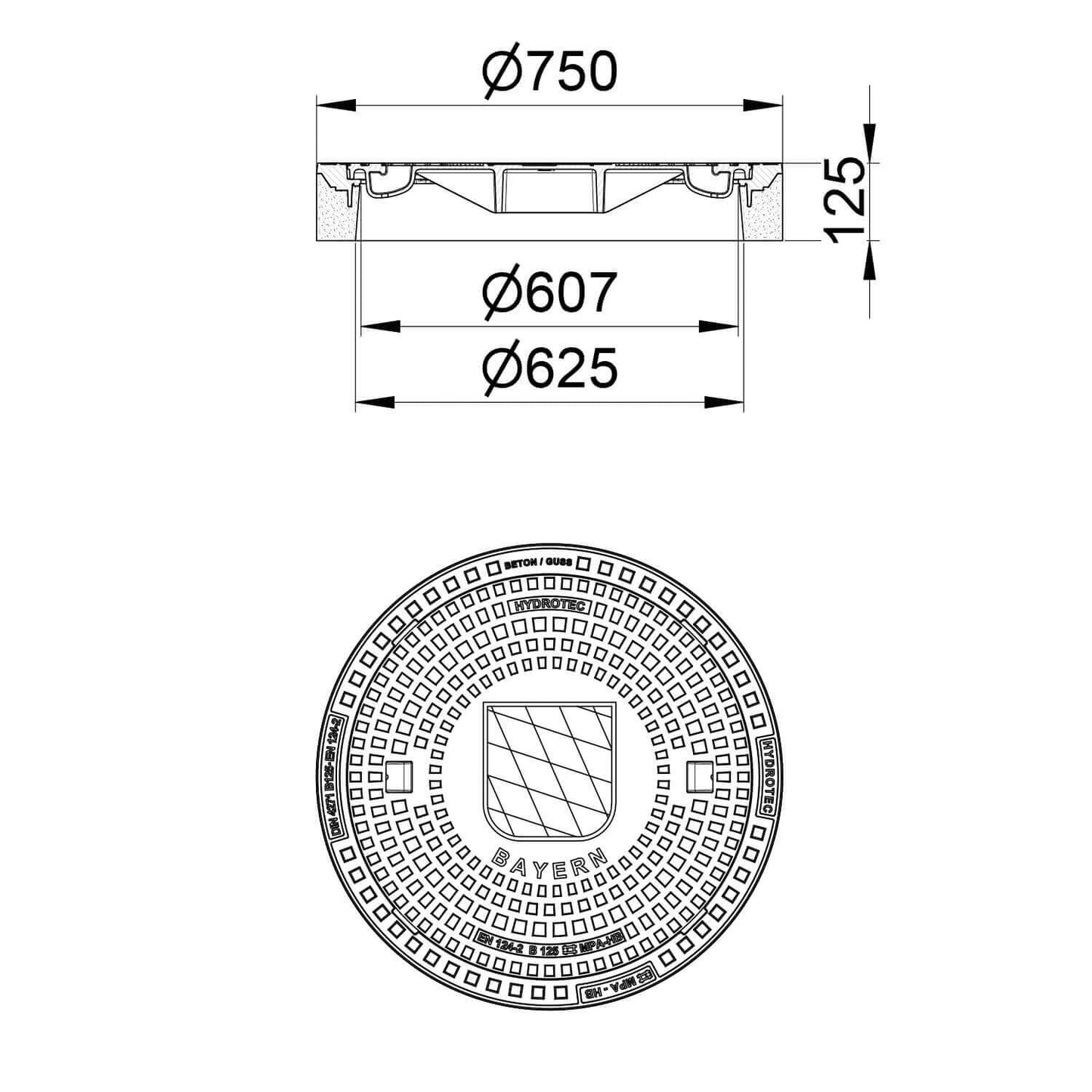 Technische Zeichnung der Schachtabdeckung rund, Durchmesser 750mm, mit Maßen für Einsatz in öffentlichen Bereichen.