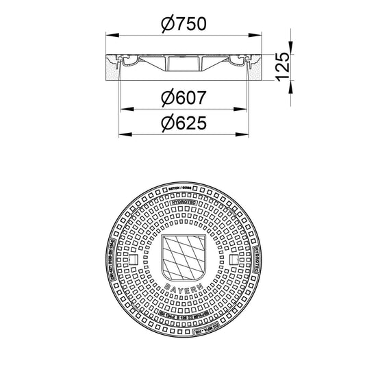 Technische Zeichnung der Schachtabdeckung rund, Durchmesser 750mm, mit Maßen für Einsatz in öffentlichen Bereichen.