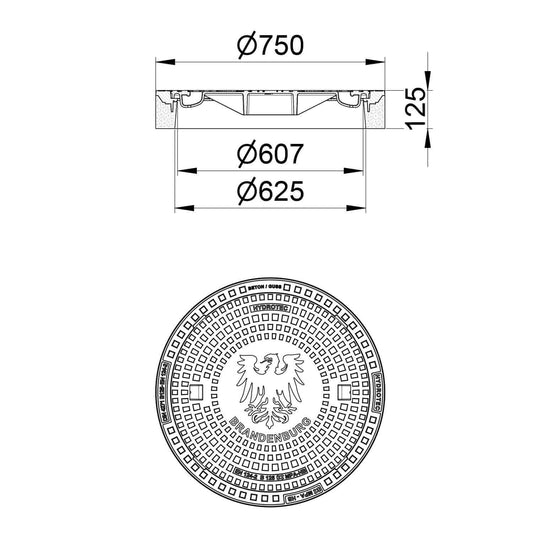 Technische Zeichnung einer runden Schachtabdeckung mit Wappen Brandenburg, Maße und Detailansicht.