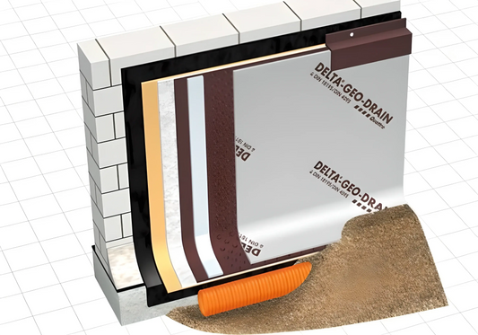 DELTA-Geo Drain Quattro 12,5x2,00 m, 25 qm je Rolle, Drän- und Schutzbahn mit Filtervlies für Kellerwände.