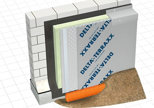 Delta Terraxx 12,5x2,40 m, 30 qm je Rolle cross-section showing drainage and protection layer for buildings