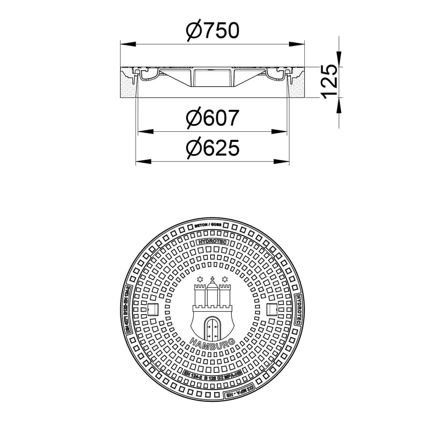 Technische Zeichnung der Schachtabdeckung "Wappen Hamburg" mit Maßen und runder Form.