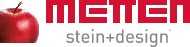 Logo von METTEN stein+design mit rotem Apfel und modernem Schriftzug.