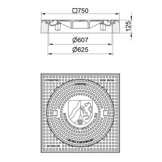 Schachtabdeckung B125, 750 × 750 mm quadratisch mit Motiv "Wappen Nordrhein-Westfalen" - technische Zeichnung und Maße.