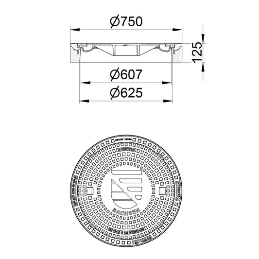 Technische Zeichnung einer runden Schachtabdeckung mit Maßen und Detailansicht, Gullideckel für verschiedene Anwendungen.