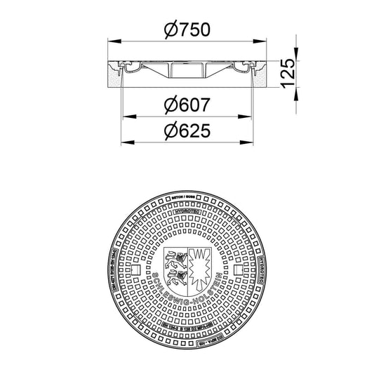 Technische Zeichnung der Schachtabdeckung Schleswig-Holstein mit Abmessungen und Detailansicht.