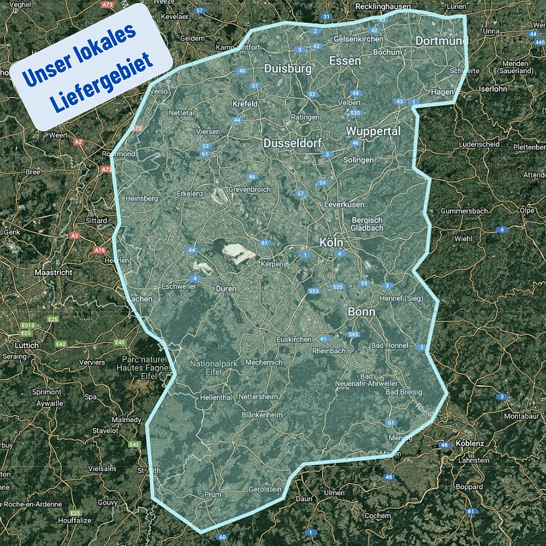 Karte unseres lokalen Liefergebiets mit Städten wie Köln, Düsseldorf, Bonn und Dortmund.