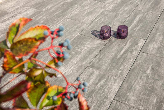 DIEPHAUS Terrassenplatte DIORA Quarzit on outdoor patio with decorative plant.