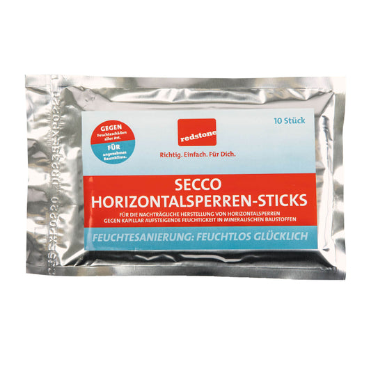 Redstone Horizontalsperren Sticks Secco 10er-Pack für effektive Abdichtung gegen aufsteigende Feuchtigkeit.