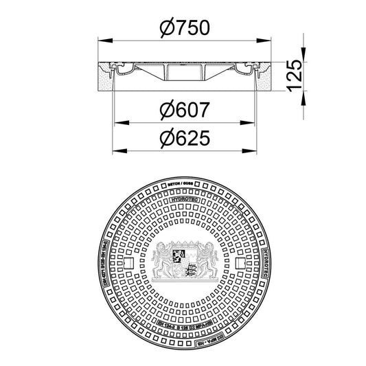 Technische Zeichnung einer runden Schachtabdeckung mit Bayern Löwe und Abmessungen, Gullideckel.