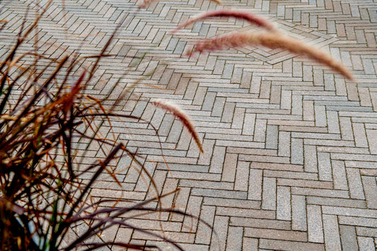 Pflastersteine METTEN SPRING ALVAR Braun-Grau in modernem Zickzackmuster mit dekorativen Pflanzen.