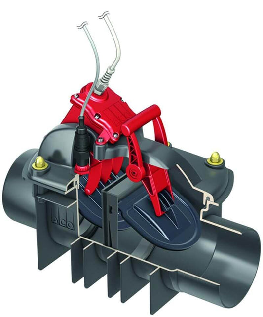 ACO QUATRIX-K Typ 3F Fakalien-Rückstauautomat cutaway view showing electronic control features.