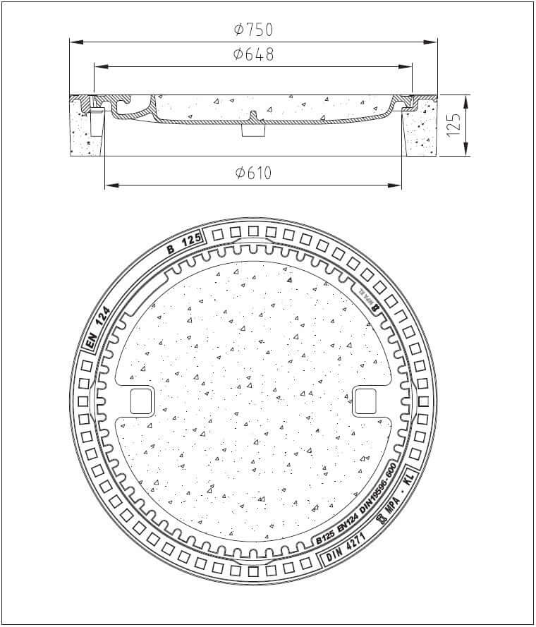 Schachtabdeckung LW 610 mm Klasse B125 mit oder ohne Lüftung - technische Zeichnung und Maßstab.