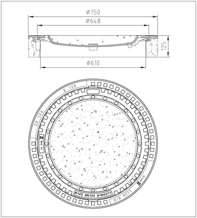 Schachtabdeckung LW 610 mm Klasse B125 mit oder ohne Lüftung – technische Zeichnung und Maße