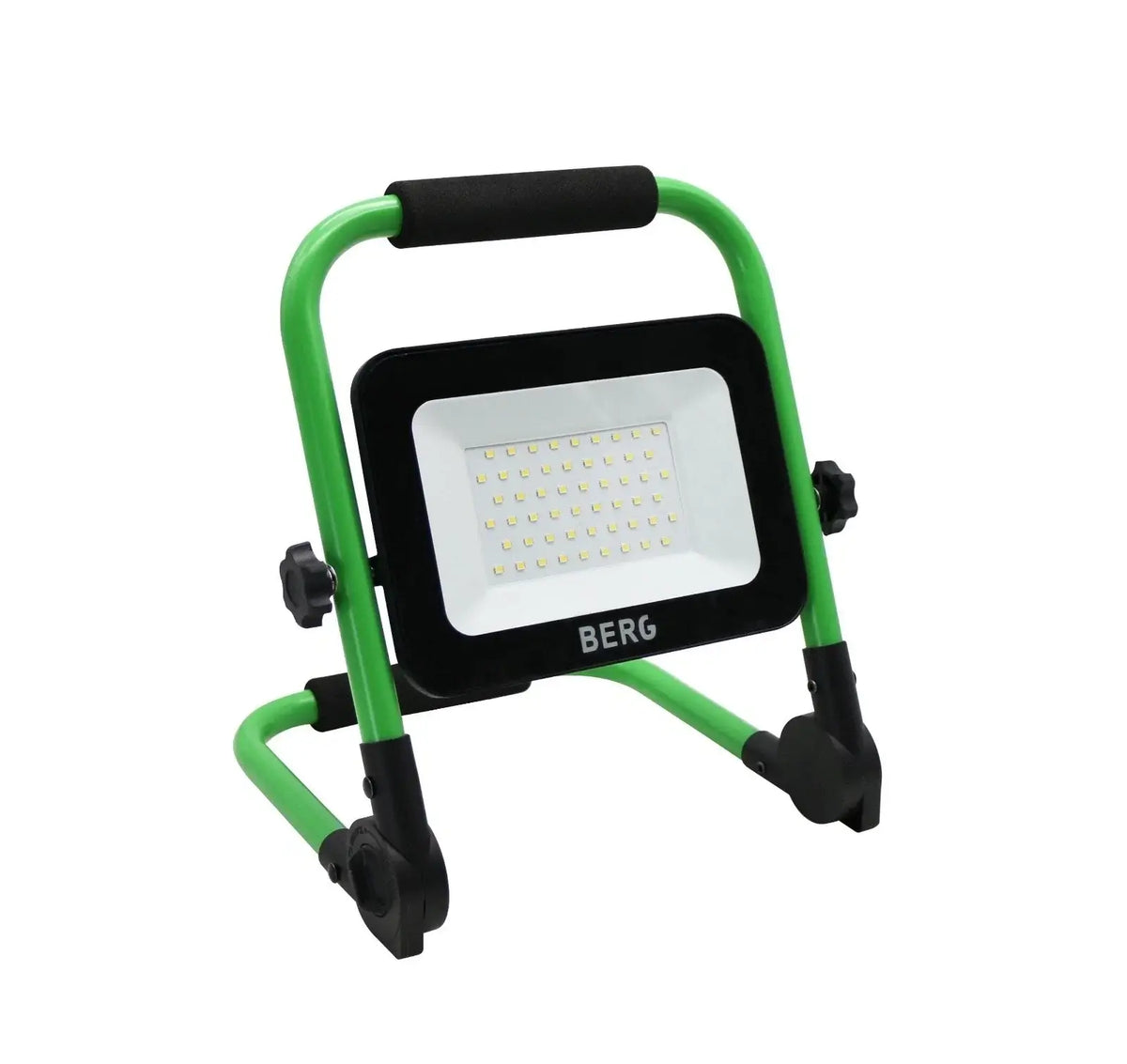 BERG LED Baustrahler 30W auf einem stabilen Ständer für Baustellenbeleuchtung.