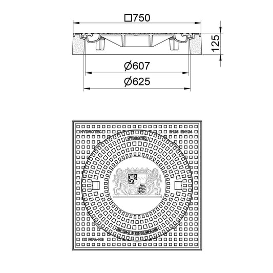 Schachtabdeckung B125, 750 × 750 mm quadratisch mit Motiv "Bayern Löwe" technische Zeichnung