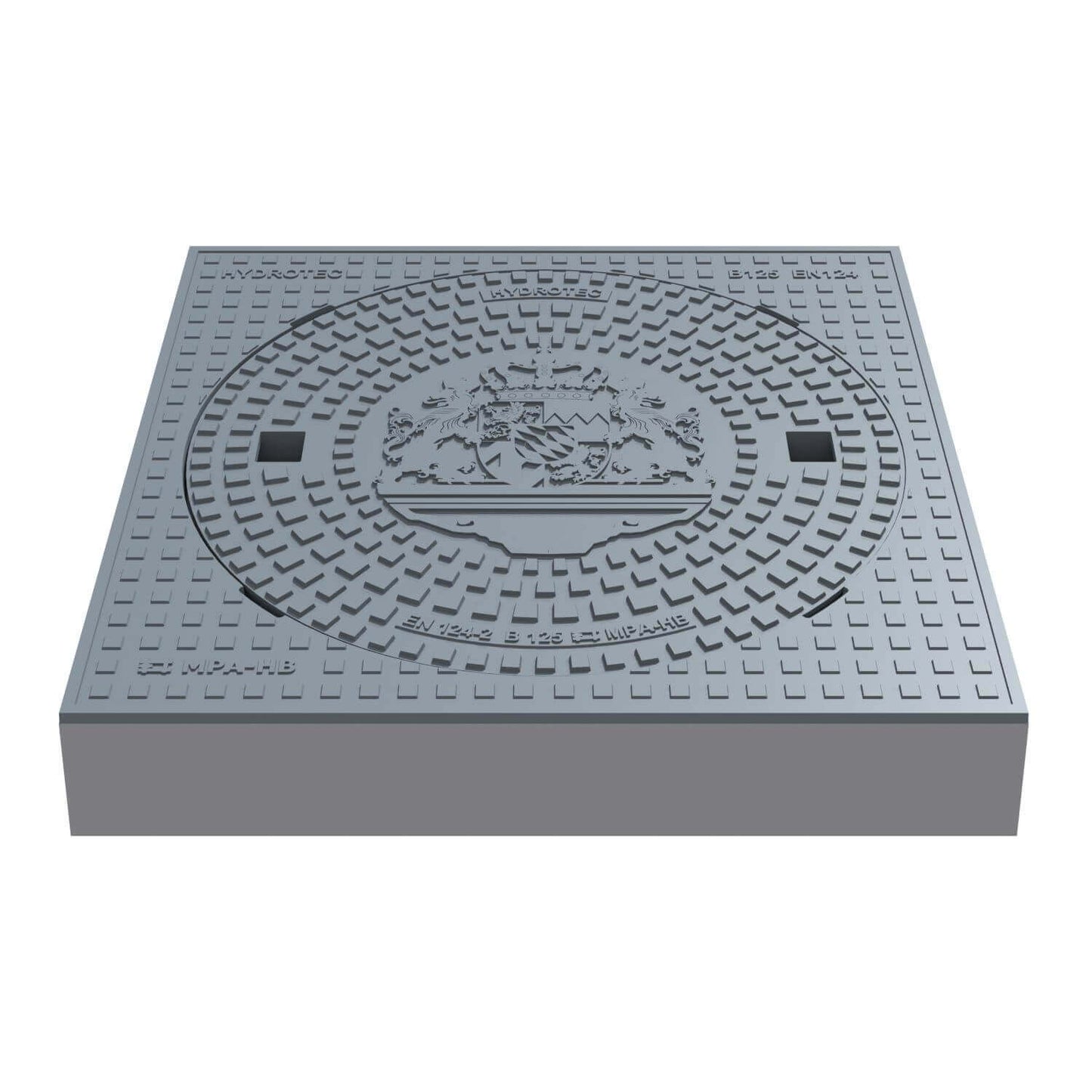 Schachtabdeckung B125, 750 × 750 mm quadratisch mit Motiv "Bayern Löwe", Guss für Verkehrsflächen