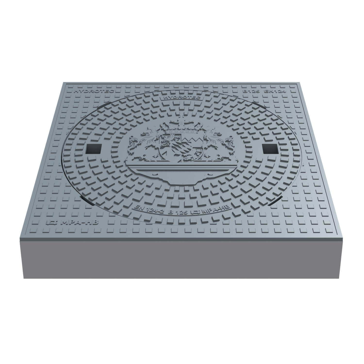 Schachtabdeckung B125, 750 × 750 mm quadratisch mit Motiv "Bayern Löwe", Guss für Verkehrsflächen
