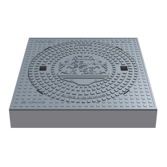 Schachtabdeckung B125, 750 × 750 mm quadratisch mit Motiv "Bayern Löwe", Guss für Verkehrsflächen