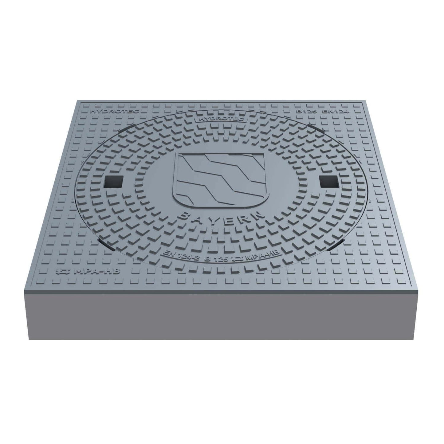 Schachtabdeckung quadratisch Bayern Klasse B125 in Gussmaterial, 750x750 mm für Verkehrsflächen.