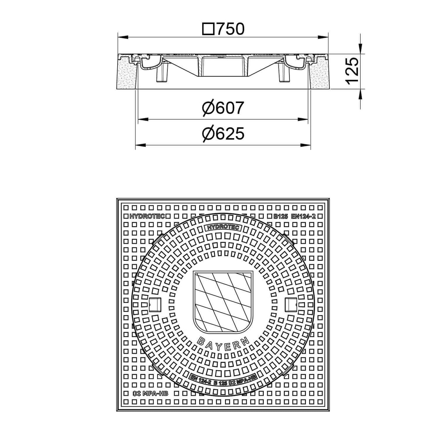 Schachtabdeckung quadratisch Bayern Klasse B125 technische Zeichnung mit Maßen und Wappenprägung, 750 x 750 mm.