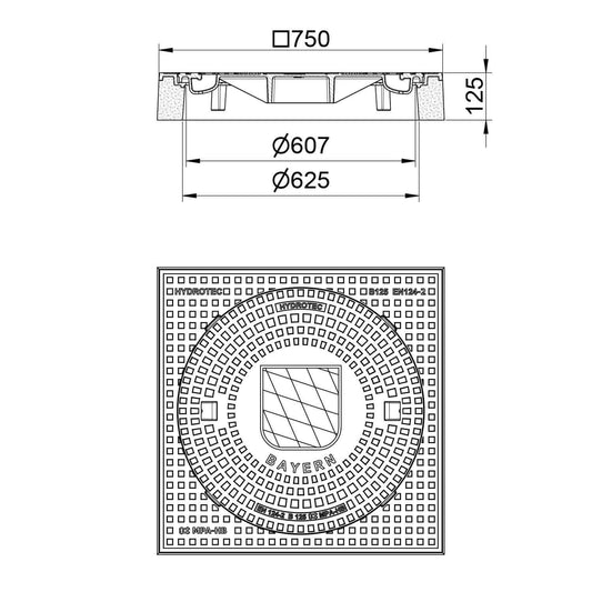 Schachtabdeckung quadratisch Bayern Klasse B125 technische Zeichnung mit Maßen und Wappenprägung, 750 x 750 mm.