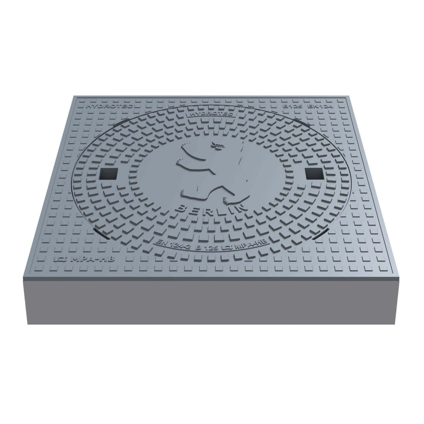 Schachtabdeckung quadratisch Berlin Klasse B125 mit Wappenprägung, 750 × 750 mm aus Guss