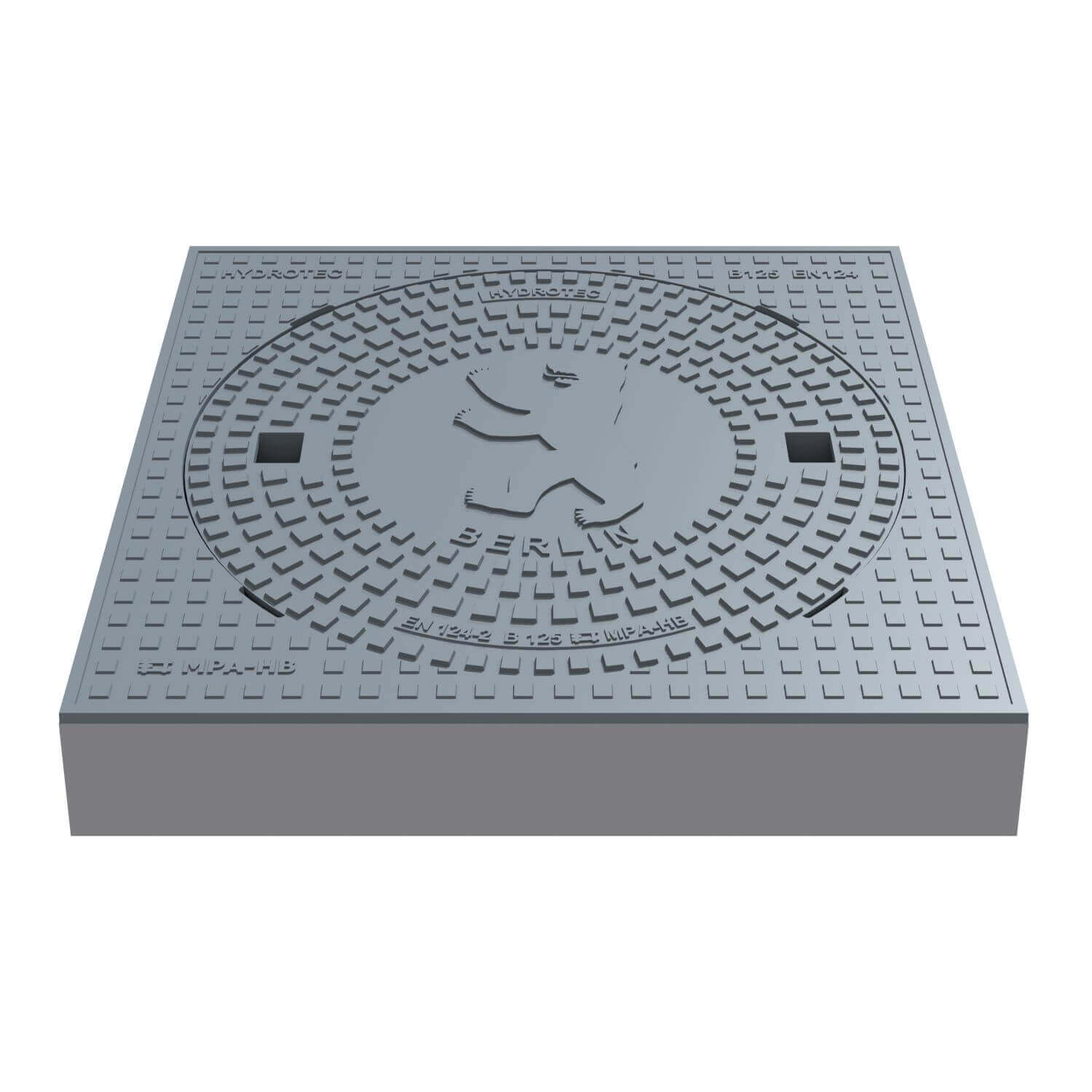 Schachtabdeckung quadratisch Berlin Klasse B125 mit Wappenprägung, 750 × 750 mm aus Guss