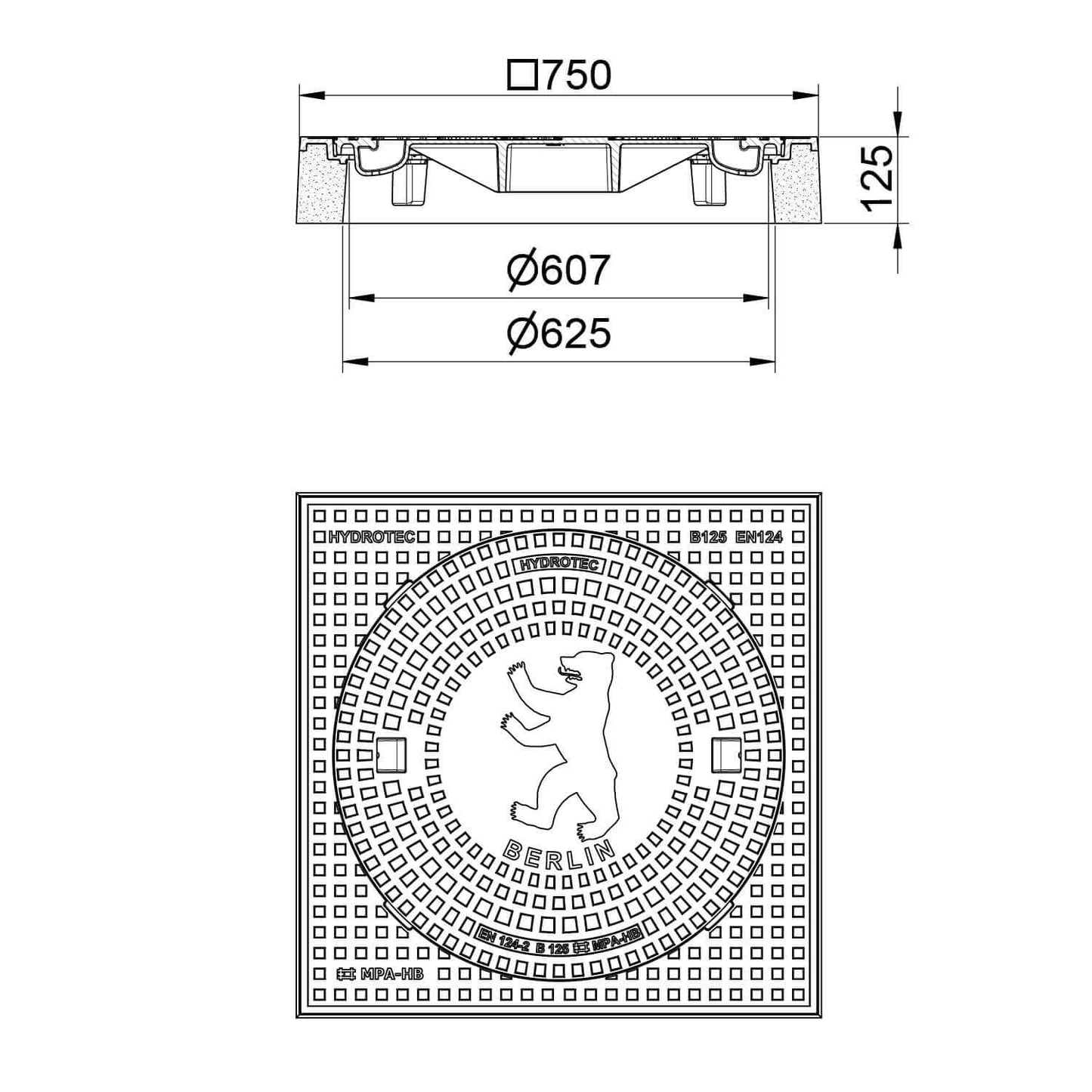 Schachtabdeckung quadratisch Berlin Klasse B125 technische Zeichnung mit Maßen