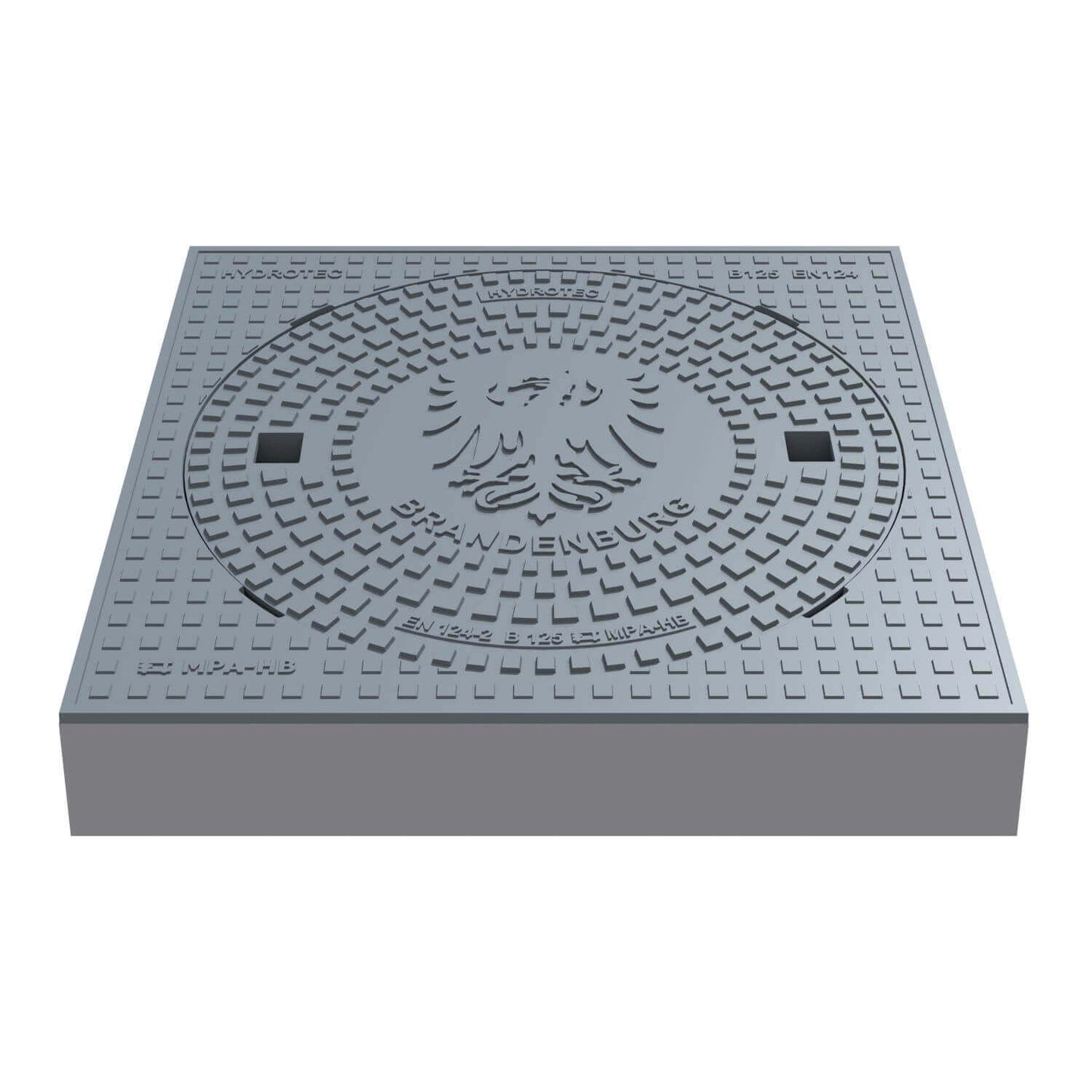 Schachtabdeckung quadratisch Brandenburg Klasse B125 aus Guss, 750x750 mm, für Verkehrsflächen, Wappenprägung.