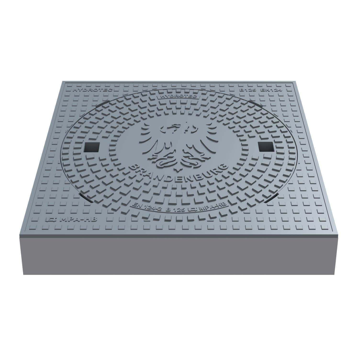 Schachtabdeckung quadratisch Brandenburg Klasse B125 aus Guss, 750x750 mm, für Verkehrsflächen, Wappenprägung.