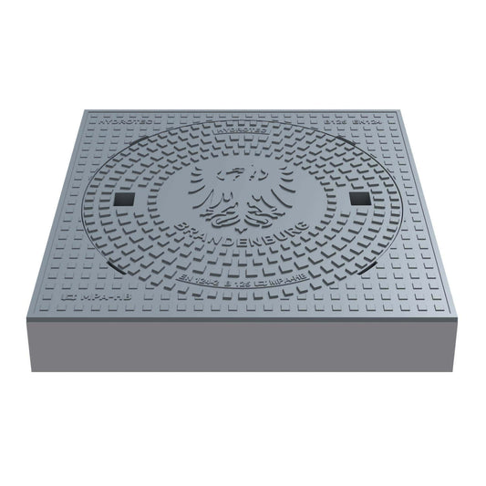 Schachtabdeckung quadratisch Brandenburg Klasse B125 aus Guss, 750x750 mm, für Verkehrsflächen, Wappenprägung.