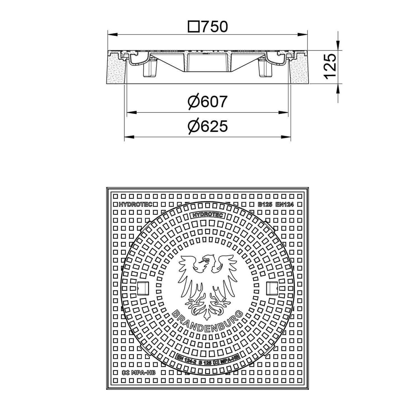 Schachtabdeckung quadratisch Brandenburg Klasse B125 technische Zeichnung mit Maße und Wappenprägung