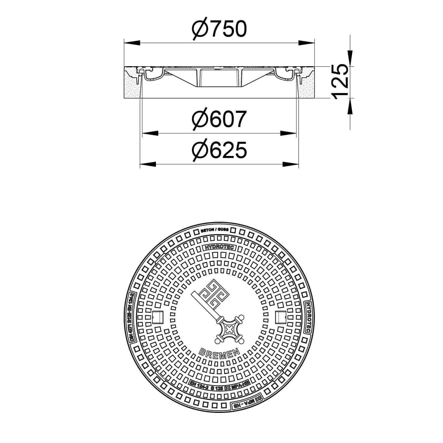 Technical drawing of Schachtabdeckung with dimensions and circular design for urban installations.