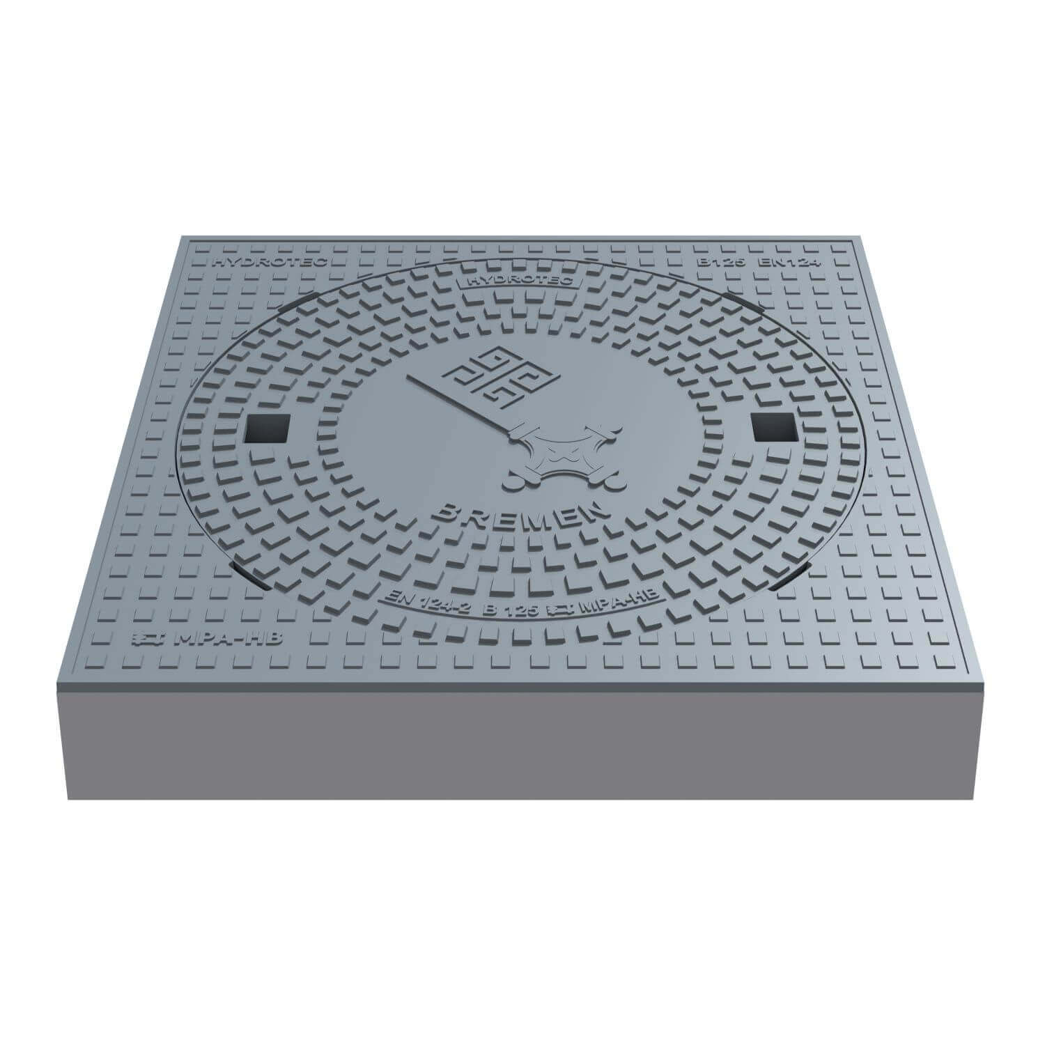 Schachtabdeckung quadratisch Bremen Klasse B125 aus Guss mit Wappenprägung, 750 x 750 mm, für Verkehrsflächen.