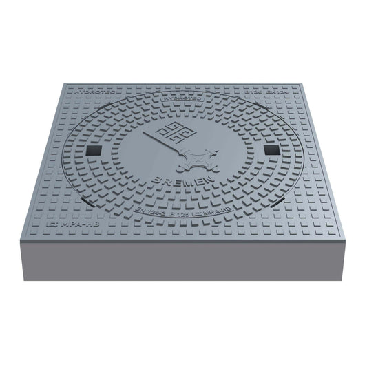 Schachtabdeckung quadratisch Bremen Klasse B125 aus Guss mit Wappenprägung, 750 x 750 mm, für Verkehrsflächen.