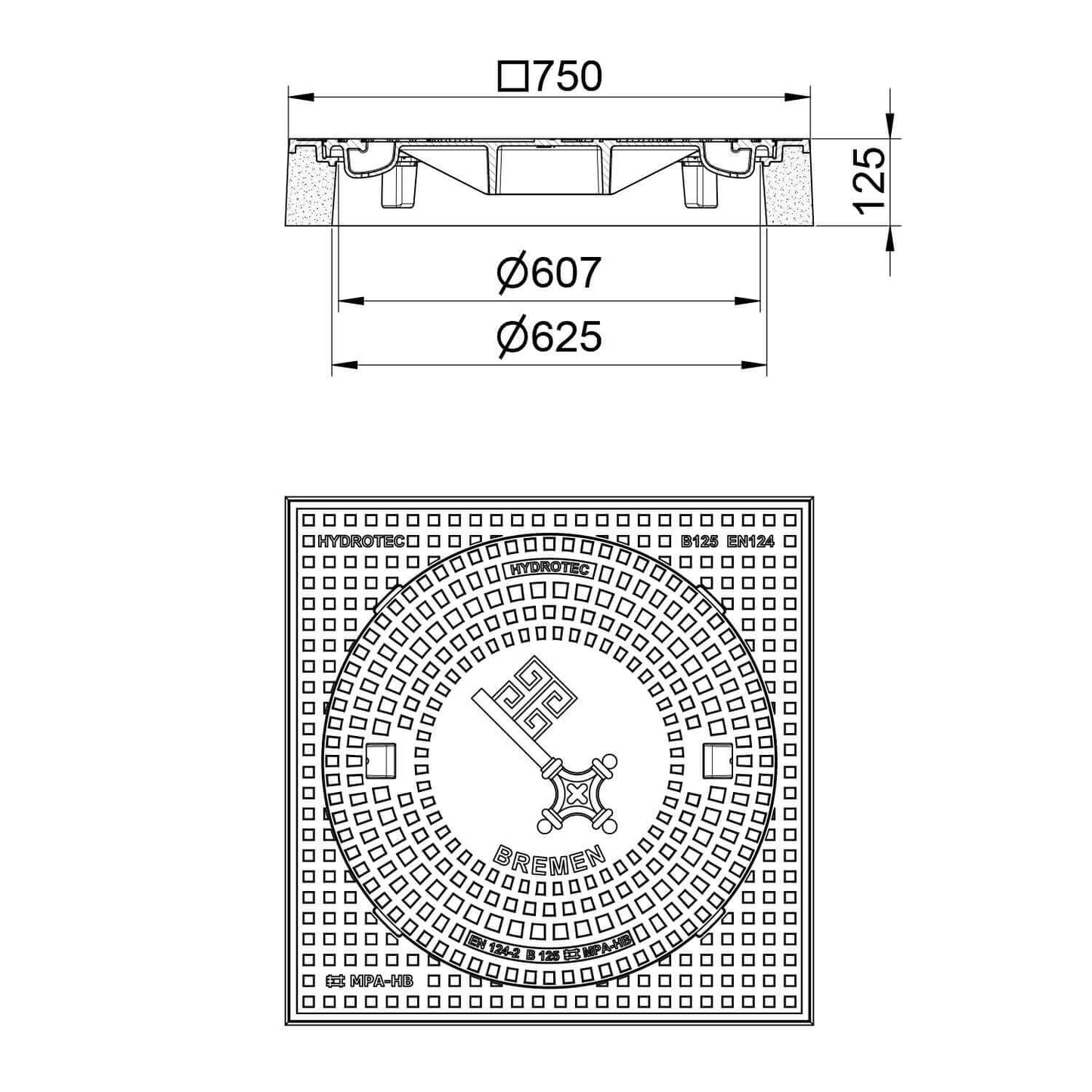 Schachtabdeckung quadratisch Bremen Klasse B125 technische Zeichnung mit Abmessungen 750 mm und Wappenprägung