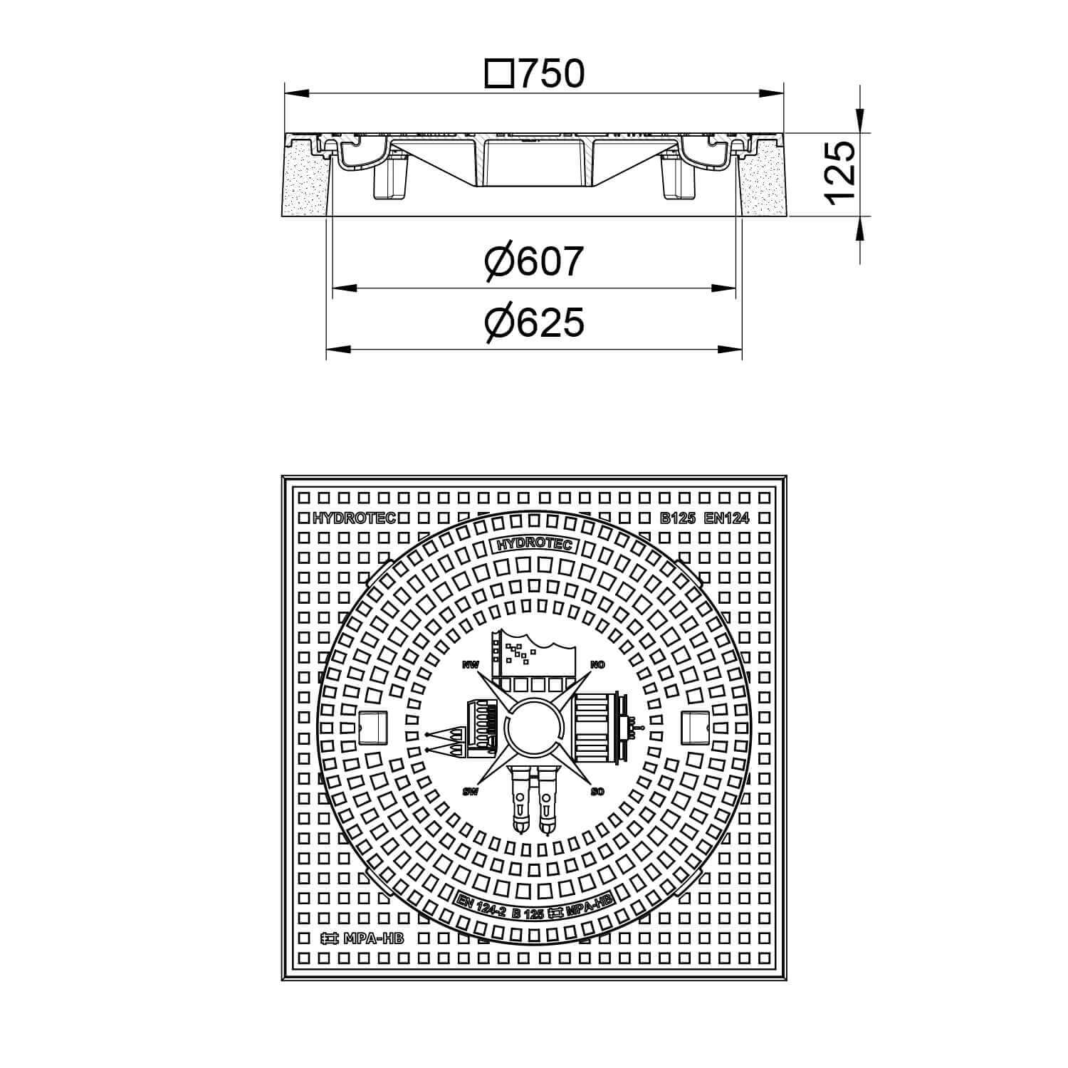 Schachtabdeckung quadratisch Deutschland Windrose Klasse B125 750x750 mm mit Wappenprägung technische Zeichnung