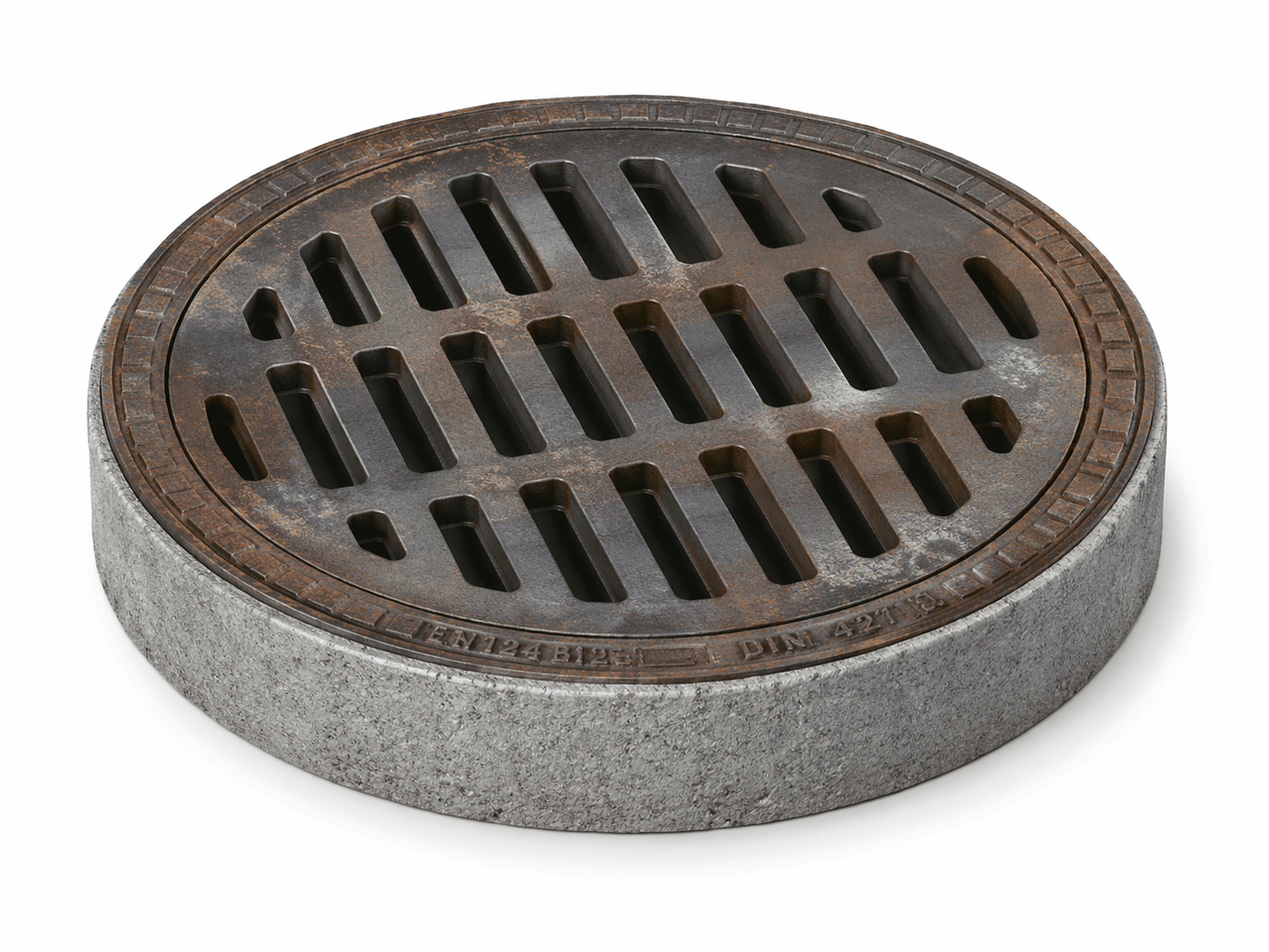 Einlaufrost LW 625 mm Klasse B125 aus Gusseisen mit Betonrahmen für Oberflächenentwässerung