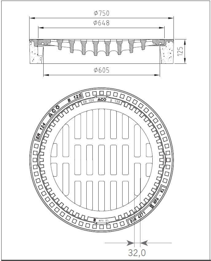 Technische Zeichnung Einlaufrost LW 625 mm Klasse B125 mit Maßen für Oberflächenentwässerung
