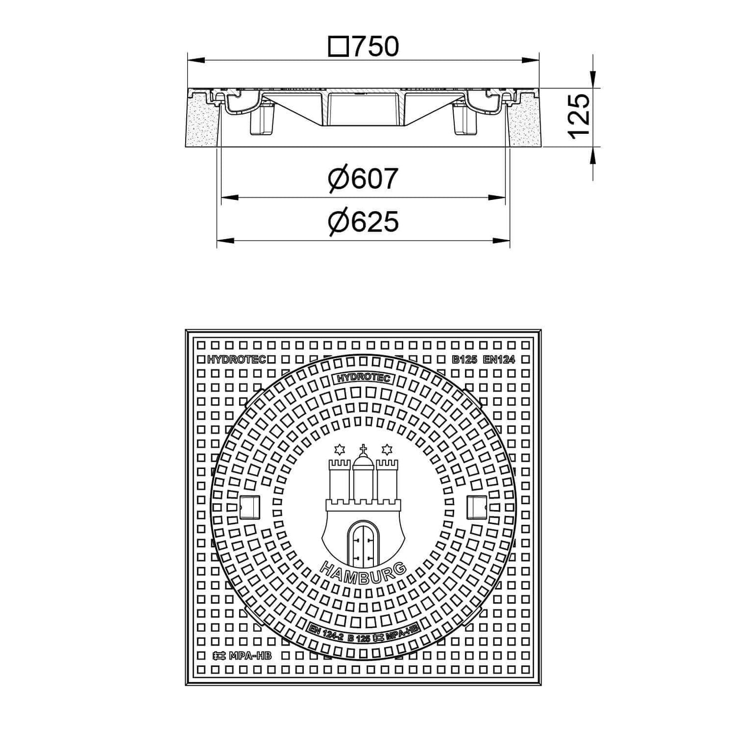 Schachtabdeckung quadratisch Hamburg Klasse B125 technische Zeichnung mit Maßen