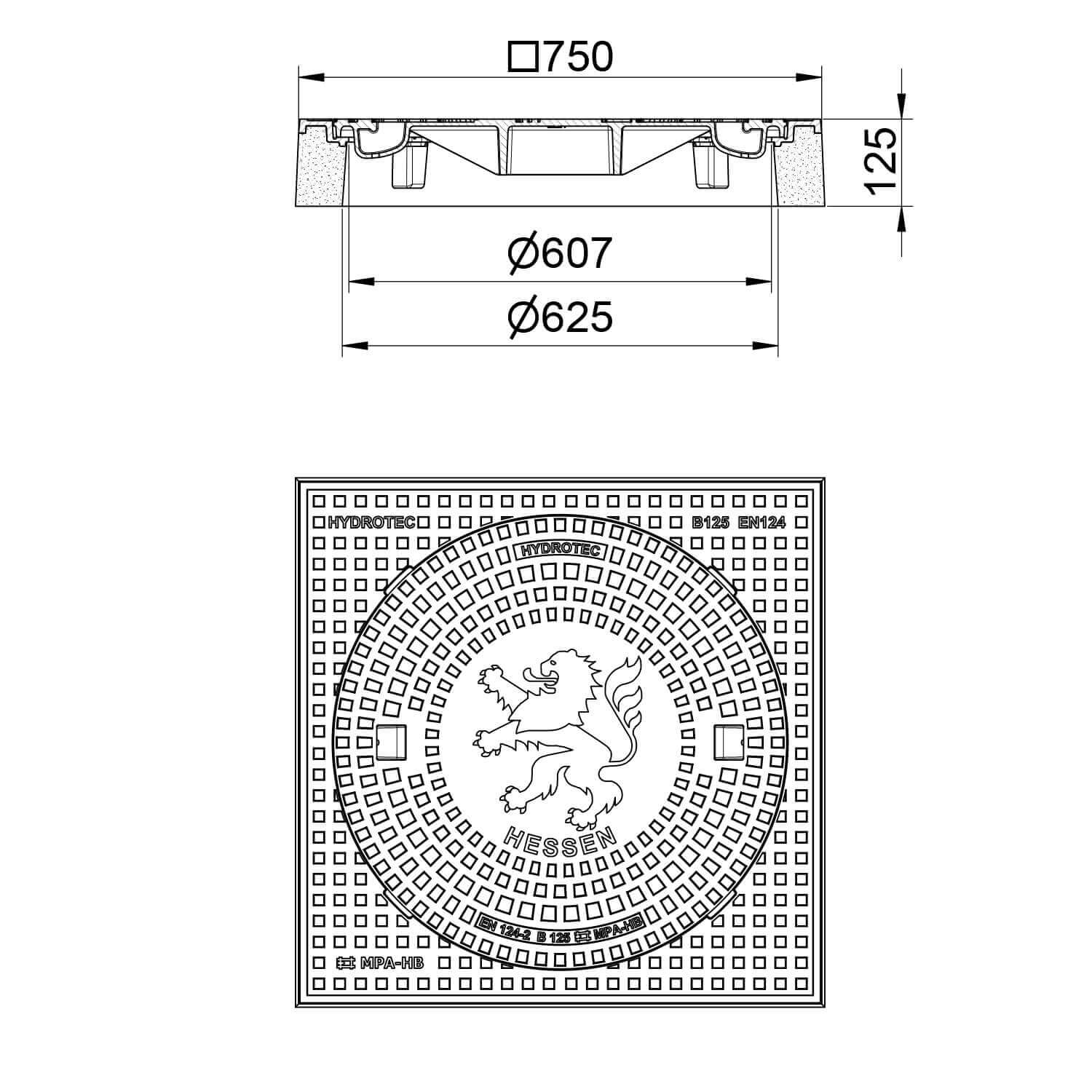 Schachtabdeckung quadratisch Hessen Klasse B125 technische Zeichnung mit Abmessungen und Wappenprägung