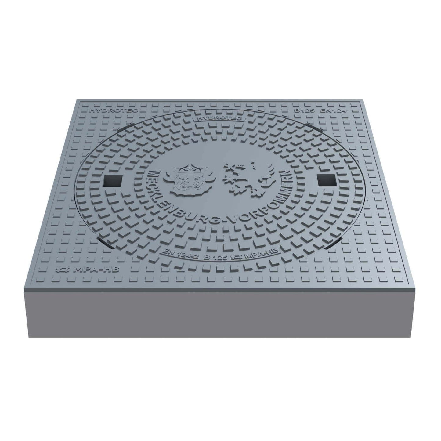 Schachtabdeckung quadratisch Mecklenburg-Vorpommern Klasse B125 mit Wappenprägung, 750 × 750 mm aus Guss.