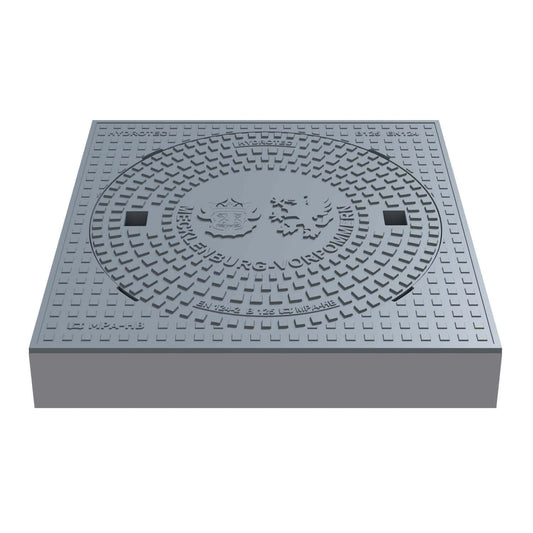 Schachtabdeckung quadratisch Mecklenburg-Vorpommern Klasse B125 mit Wappenprägung, 750 × 750 mm aus Guss.