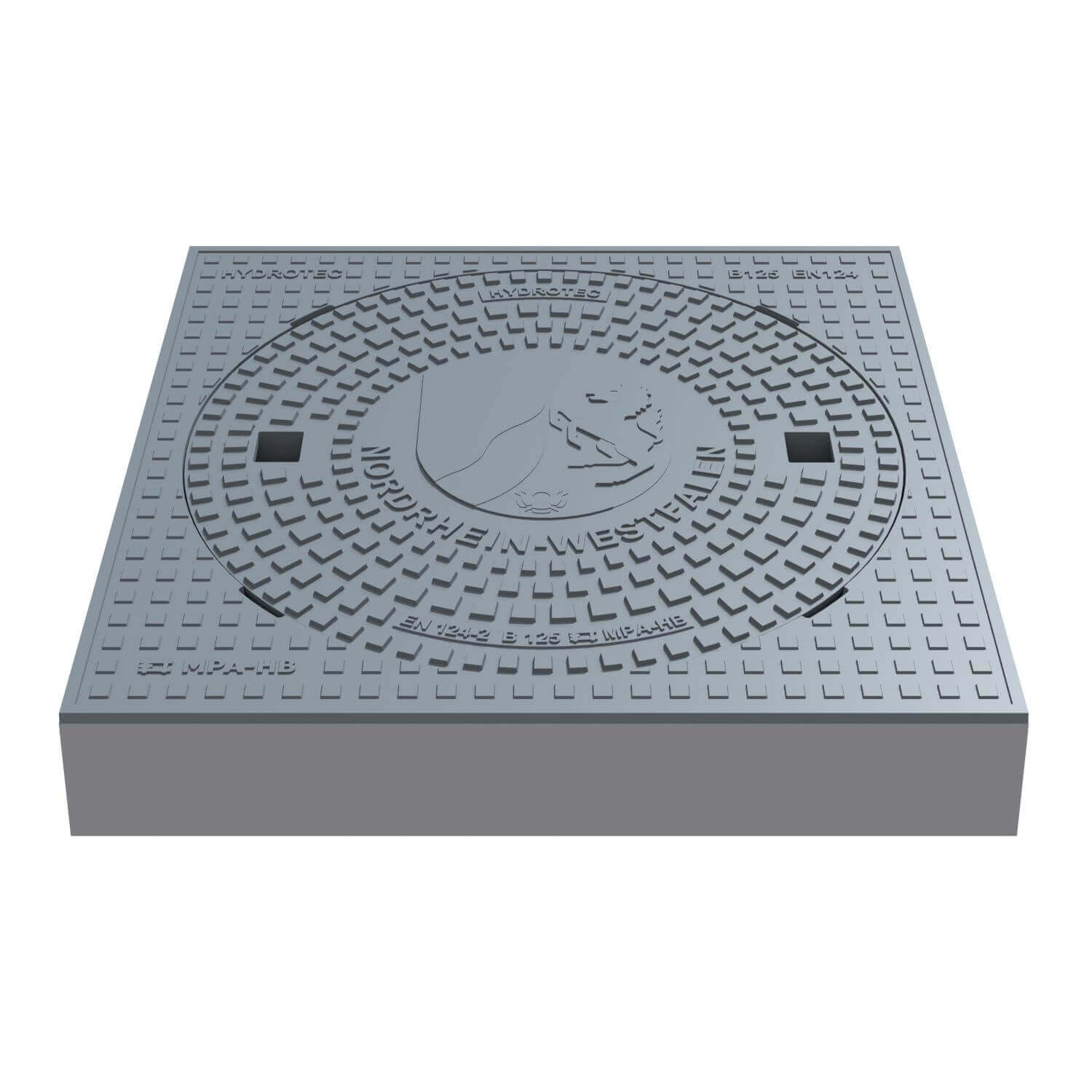 Schachtabdeckung B125, 750 × 750 mm quadratisch mit Motiv "Wappen Nordrhein-Westfalen"