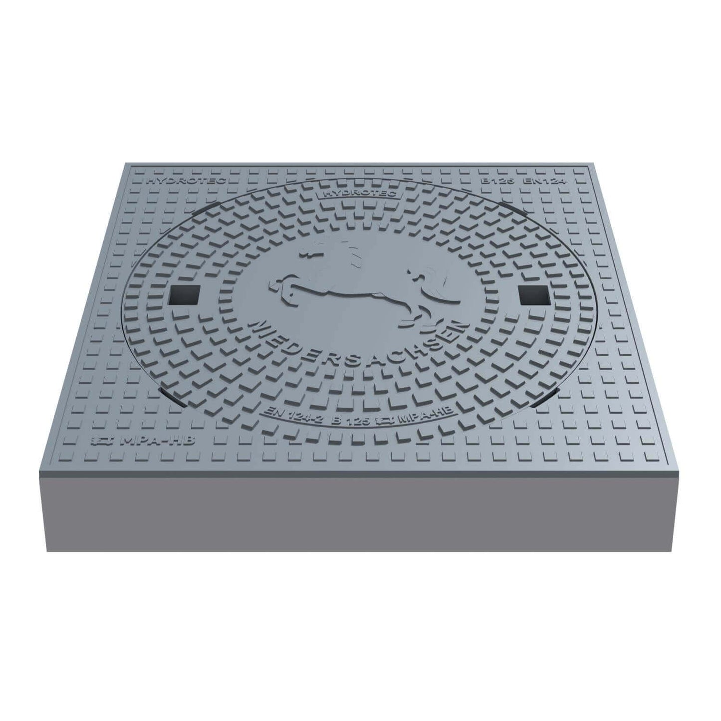 Schachtabdeckung quadratisch Niedersachsen Klasse B125 aus Guss, 750 × 750 mm mit Wappenprägung.