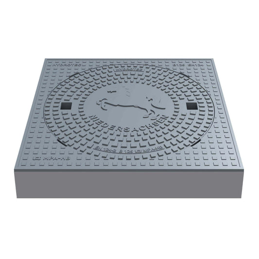 Schachtabdeckung quadratisch Niedersachsen Klasse B125 aus Guss, 750 × 750 mm mit Wappenprägung.