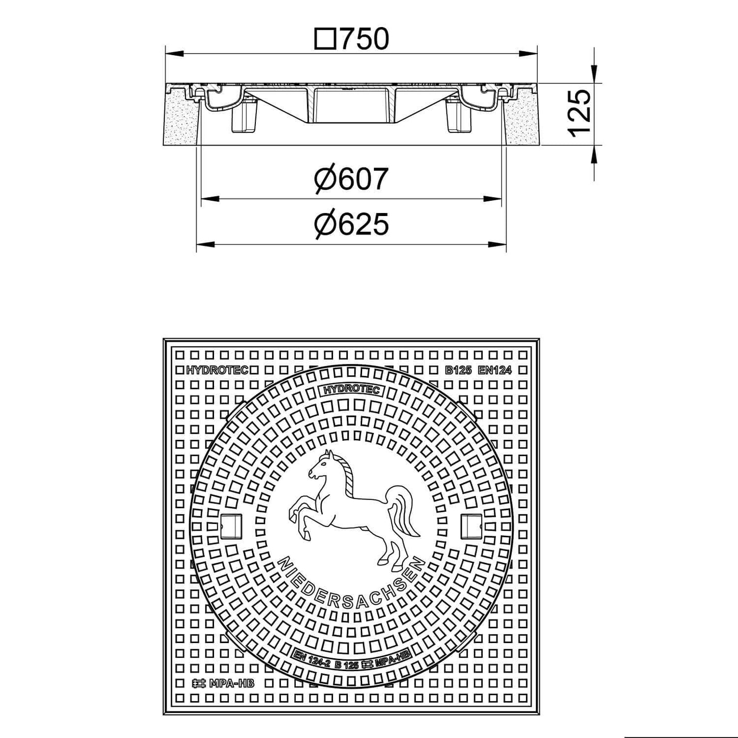 Schachtabdeckung quadratisch Niedersachsen Klasse B125 technische Zeichnung mit Abmessungen