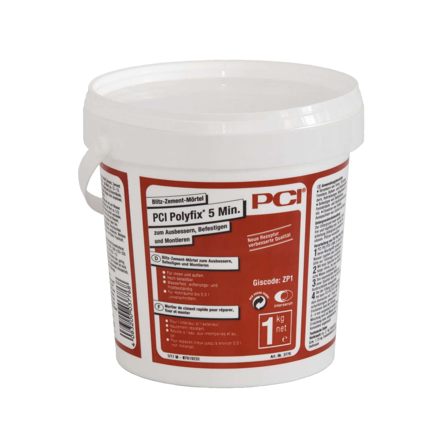 Produktdose PCI Polyfix 5 Min. für Ausbesserungs- und Befestigungsarbeiten, 1 kg Blitz-Zement-Mörtel.